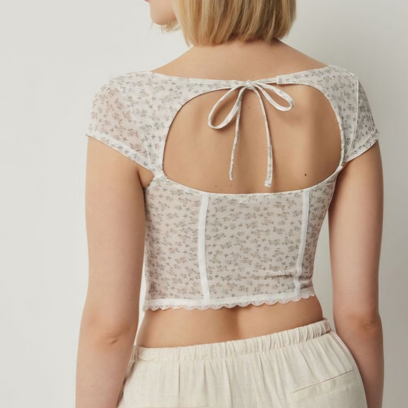 Ardene White, Cream And Pale Green Sheer Floral Open Back Bustier - Picture 3 of 5